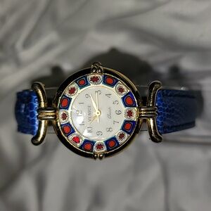 Murano‎ Glass Millefiori Luxury Goldtone Women's Watch with Blue Leather Band